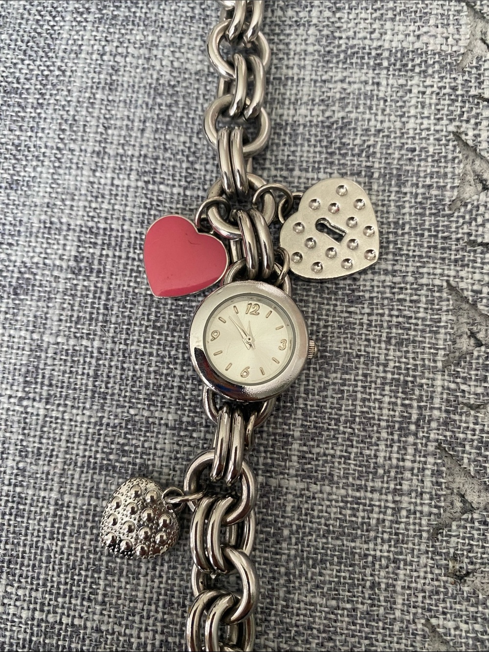 Anne Klein Silver-Tone Charm Bracelet Watch with Pink Heart - Picture 4 of 9